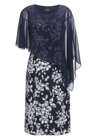 Marineblaues Kleid mit transparentem Überzug und kurzen Ärmeln, verziert mit weißen Blumensp patterns und einem runden Ausschnitt. Geeignet für formelle Anlässe.