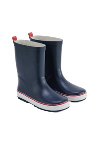 Bottes de pluie en caoutchouc navy avec une finition lisse, des tirants rouges et des semelles blanches comportant une bande rouge, conçues pour une protection imperméable.