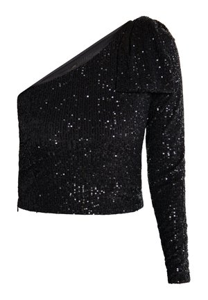 Haut noir en sequins avec une manche longue et une épaule bouffante. Possède une silhouette structurée, une texture lisse et une coupe ajustée.