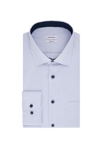 Camicia button-up azzurro chiaro, vestibilità regolare, tessuto di cotone, colletto classico, bottoni neri, una tasca sul petto, interno del colletto a pois navy a contrasto.
