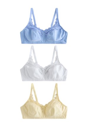 Trois soutiens-gorge avec bordure en dentelle en bleu, blanc et beige, disposés verticalement avec bretelles réglables sur fond blanc.