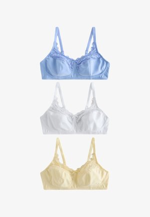 Trois soutiens-gorge avec bordure en dentelle en bleu, blanc et beige, disposés verticalement avec bretelles réglables sur fond blanc.