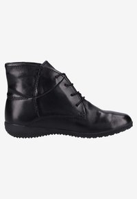 Schwarze Lederstiefeletten mit glatter Textur, runder Zehenform, Schnürdesign und einer flexiblen Gummisohle. Verfügt über einen tiefen Schnitt.