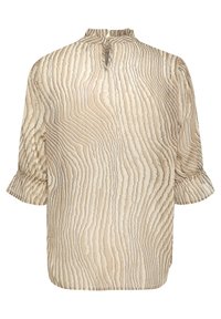 Beige bluse med bølgemønsteret tekstur. Har høj hals, nøglehul bagpå og korte flæser på ærmerne. Glat stoffinish.
