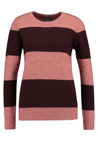 Sweter dziany z poziomymi paskami w kolorze burgundowym i jasnoróżowym, z okrągłym dekoltem, ściągaczami przy rękawach i dole, o fakturowanym wykończeniu.