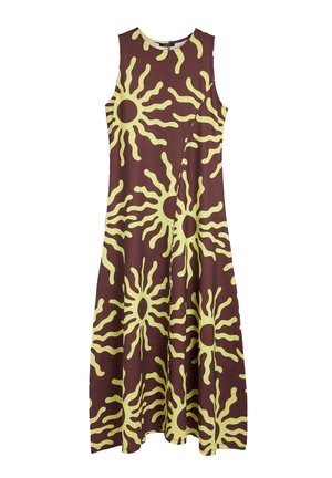 Beżowa sukienka bez rękawów z rozkloszowanym dołem, zdobiona dużymi żółtymi wzorami w słońce i asymetrycznym detalem szwu.