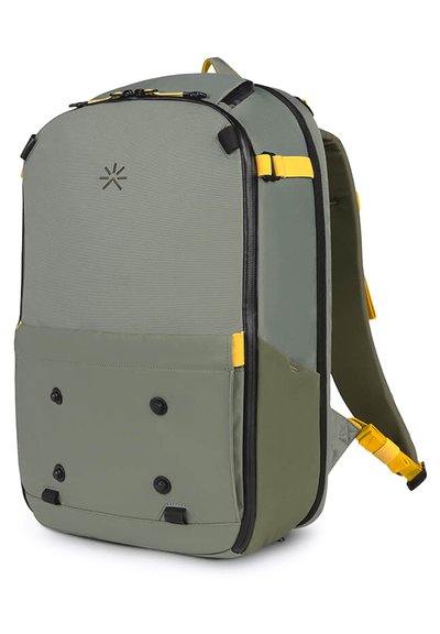 Gray and green backpack featuring a textured surface, yellow accents, robust zippers, and multiple pockets with snap closures.