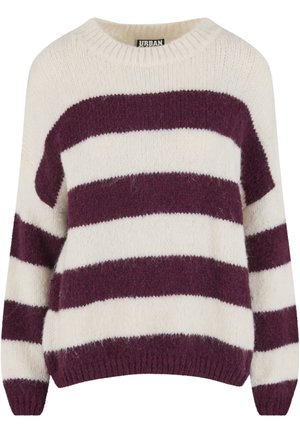 Obsežen pleteni pulover z belo in temno vijoličnimi črtami. Ima okrogel izrez, rebraste manšete in spodnji rob ter mehko, puhasto teksturo.