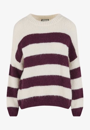 Obsežen pleteni pulover z belo in temno vijoličnimi črtami. Ima okrogel izrez, rebraste manšete in spodnji rob ter mehko, puhasto teksturo.