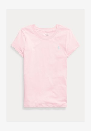 Hellrosa kurzärmeliges T-Shirt mit Rundhalsausschnitt und kleinem gesticktem blauem Polo Ralph Lauren-Logo auf der linken Brust.