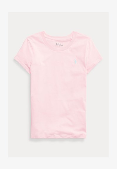 T-shirt rose clair à manches courtes avec col rond et petit logo Polo Ralph Lauren bleu brodé sur la poitrine gauche.
