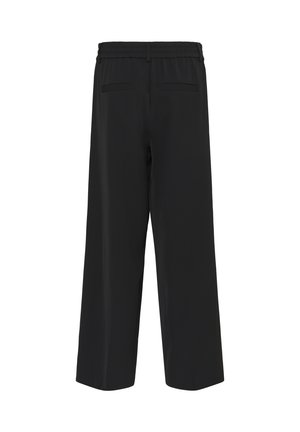 Black wide-leg trousers with a smooth texture, featuring an elastic waistband and two back pockets. Simple design with no visible patterns.
