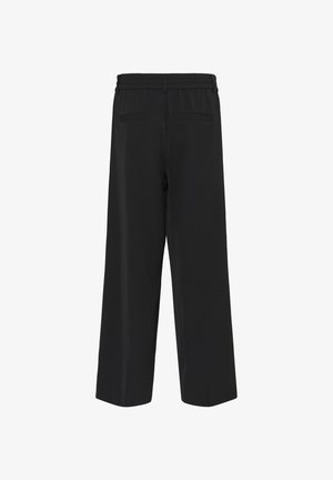 Juodos plačios kelnės su lygiomis tekstūromis, turinčios elastinę juosmenį ir dvi užpakalines kišenes. Paprastas dizainas be matomų raštų.