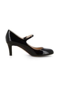 Décolleté in vernice nera Mary Jane con punta arrotondata, un piccolo cinturino sull'instep e un tacco sottile di 7,5 cm. Finitura liscia e lucida.