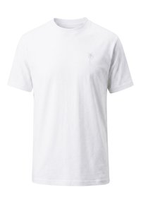 Άσπρο t-shirt με κοντά μανίκια και λαιμόκοψη γύρω, με μικρό σχέδιο ανοιχτό γκρι φοίνικα στο αριστερό μέρος του στήθους.