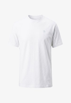 Fehér rövid ujjú, kerek nyakú póló apró, világosszürke pálmafás grafikával a bal mellrészen.