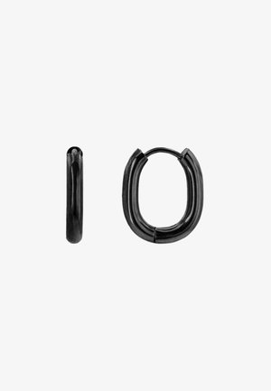 Black hoop earrings featuring a smooth, rounded design with a slight curve, made from metal, with a matte finish.