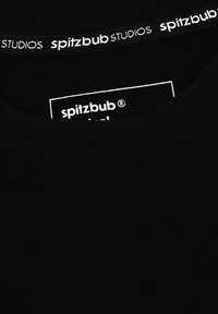 Black cotton t-shirt with a round neckline. Label in white reads "spitzbub STUDIOS." Features smooth texture and stitching detail.