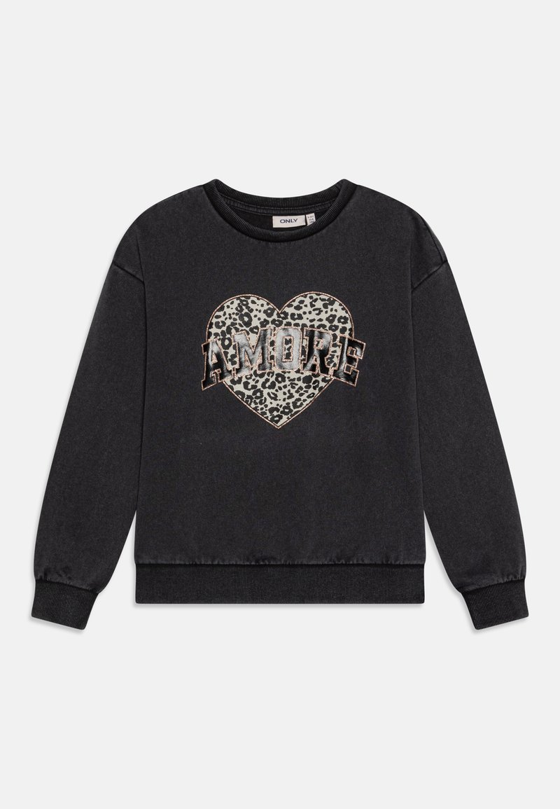 Felpa nera con maniche lunghe, caratterizzata da una grafica a forma di cuore con stampa leopardata e testo "AMORE" in carattere grassetto. Collo e polsini a costine.