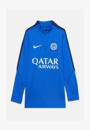 Haut de sport bleu à manches longues avec fermeture éclair quart, logo de l'Inter Milan, swoosh Nike et texte du sponsor Qatar Airways à l'avant.