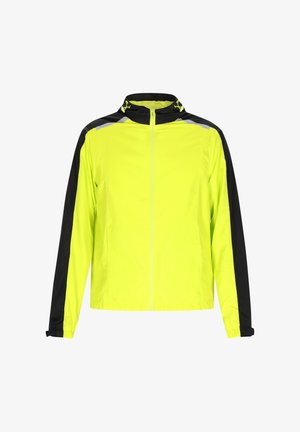 Spilgtas dzeltenas jakas ar melniem piedurknēm, pilna iešūšana, regulējams kapuce un elastīgas aproces. Iekļautas atstarojošas detaļas redzamībai.