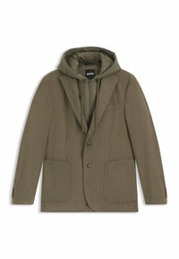 Olijfgroene blazer met een afneembare capuchon, voorzien van twee voorzakken, een enkele borstzak en knoopsluiting. Geweven stoffen detail.