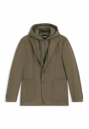 Olivgrüner Blazer mit abnehmbarer Kapuze, zwei vorderen Taschen, einer Brusttasche und Knopfverschluss. Strukturiertes Stoffdetail.