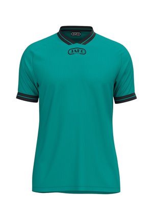 Türkisfarbenes kurzärmeliges Sportshirt mit schwarz gestreiftem V-Ausschnitt-Kragen und Ärmelbündchen, mit JAKO Sport-Logo auf der Brust.