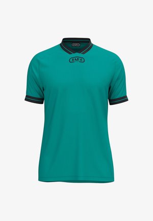 T-shirt de sport à manches courtes couleur bleu sarcelle, col en V rayé noir et manches avec poignets, avec logo JAKO Sport sur la poitrine.
