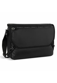 Borsa a tracolla nera con un design elegante, realizzata in tessuto resistente, dotata di un cappuccio pieghevole, tracolla regolabile e dettagli con logo.
