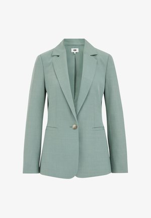 Light green blazer with a notched lapel, single button closure, and two front pockets. Smooth fabric with a subtle texture.