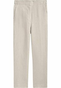 Lichtgrijze broeken van een gestructureerde stof, met een rechte voorkant, zijzakken en een recht model.