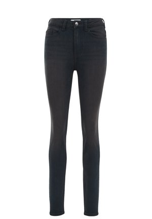 Jeans skinny neri a vita alta con chiusura frontale a bottone e zip, tasche anteriori e posteriori, e passanti per cintura.