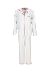 Striped pajama set in light gray and white with red accents. Features long sleeves, button-up front, and pocket on the shirt.