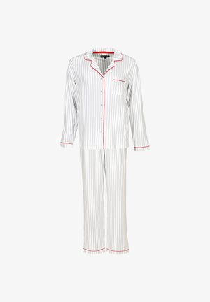 Set di pigiama a righe in grigio chiaro e bianco con dettagli rossi. Caratterizzato da maniche lunghe, chiusura con bottoni davanti e taschino sulla maglietta.