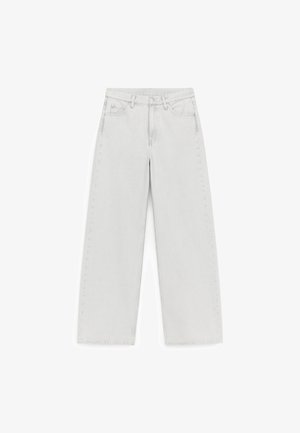 Lysegrå jeans med vide ben lavet af denim, med høj talje, bæltestropper, forlommer og en ren finish med minimal detaljering.