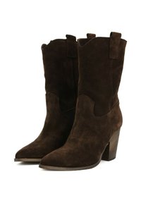 Stivali da cowboy in suede marrone con punta affusolata, bordi superiori curvi e tacco in legno impilato, caratterizzati da cuciture minime e senza decorazioni.
