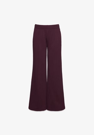 Ciemnofioletowe spodnie szerokie z elastycznym pasem i pionowymi przeszyciami z przodu.