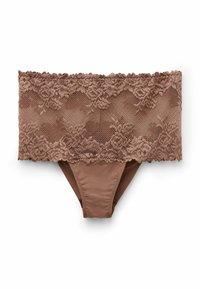 Hnědé krajkové hipsterské kalhotky s květinovým vzorem na horní části a měkkou, hladkou látkou na spodní straně. Design je bezešvý a pružný.