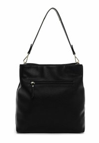 Borsa nera in pelle con superficie testurizzata, singola tracolla e tasca frontale con cerniera. Forma semplice e rettangolare.