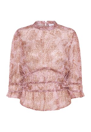 Sheer, puff-sleeved blouse with a high neck in a pink and tan leopard print, featuring gathered detailing at the waist and cuffs.