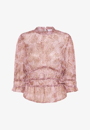 Õhuke, puffvarrukatega pluus kõrge kaelusega roosa ja liivakarva leopardimustriga, millel on vööl ja varrukaservadel kogutud detailid.