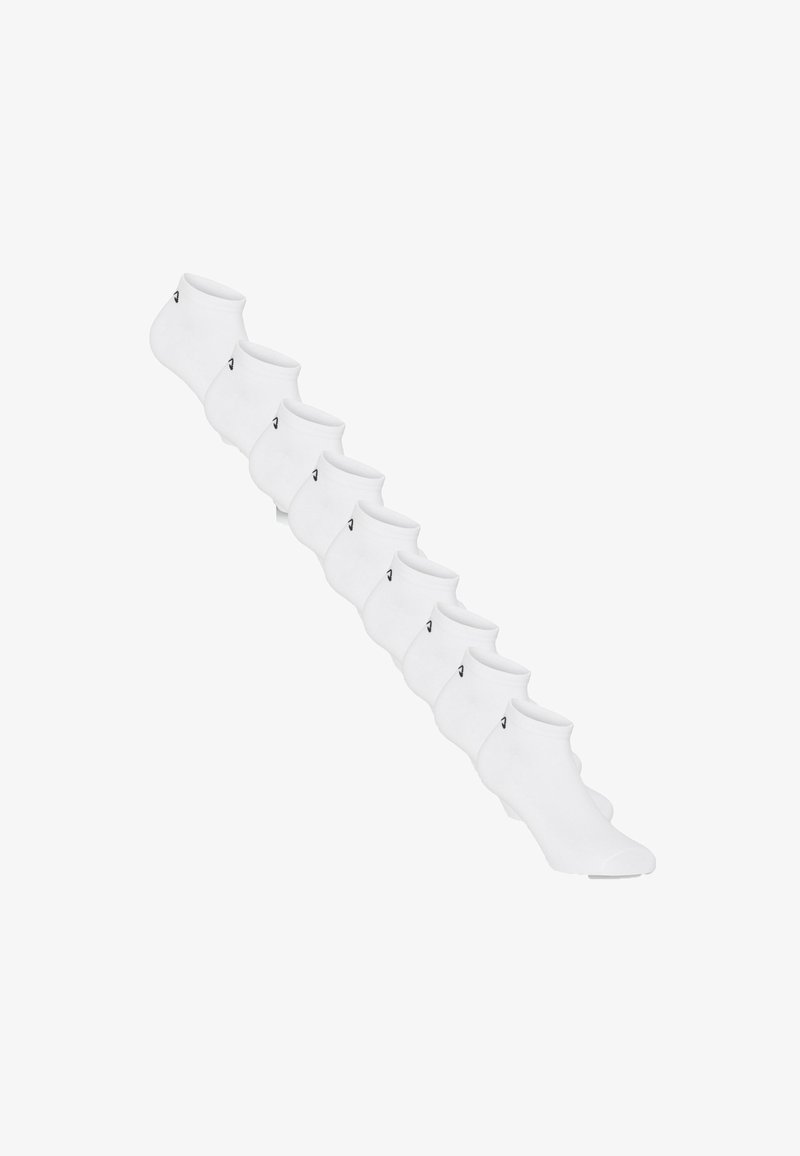 Huit paires de chaussettes blanches simples chevilles disposées en diagonale avec un petit logo noir près du bord de chaque chaussette.
