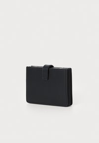 Black leather wallet with a compact rectangular shape, featuring a button closure and multiple card slots for organized storage.