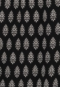 Black fabric with a repeating white floral and ornate pattern, featuring detailed stylized shapes and a smooth texture.