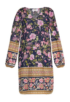 Oblačilo z cvetličnim vzorcem v mornarski modri barvi, dolgimi rokavi in V-izrezom. Ima rožnate in zelene cvetove z okrasnim zlatim vzorcem na robu.