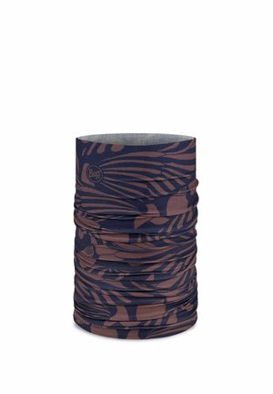 Seamless multifunctional neck gaiter with dark blue and brown abstract leaf pattern, designed for outdoor use.