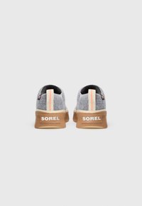 Par de zapatillas de fieltro gris con suelas marrones y tiradores con acentos naranjas, vistas desde atrás, con la marca "SOREL" en los talones.