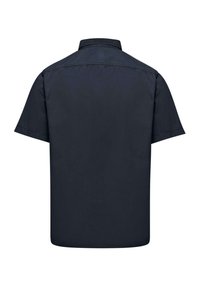 Camicia a maniche corte in tessuto blu navy scuro. Presenta un colletto classico e una linea dritta con dettagli di cucitura minimi.