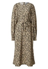 Vestido beige con un patrón de estampado animal negro, mangas largas, hombros fruncidos, un cinturón atado en la cintura y un dobladillo a la altura de la rodilla.